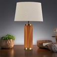 Cylinder Ash Grey Wood Print/Gold Table Lamp with Natural Linen Shade