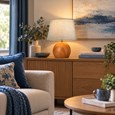 Canon Ball Walnut Print Table Lamp with Blue Gold Shade