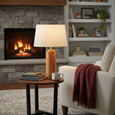 Cylinder Ash Grey Wood Print/Gold Table Lamp with Natural Linen Shade