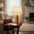 Cylinder Ash Grey Wood Print/Gold Table Lamp with Natural Linen Shade