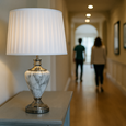 Hepburn Large Grey Marble Table Lamp with Ivory Pleat Shade - Grey & Silver