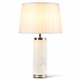 Cylinder Ash Grey Wood Print/Silver Table Lamp with Ivory Pleat Shade