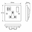 Round Edge Brushed Steel 1G Switched Socket with USB-A & USB-C