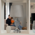 Malham Grey Ceramic & Chrome Modern Table Lamp With Hessian Drum Shade