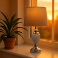 Malham Grey Ceramic & Chrome Modern Table Lamp With Hessian Drum Shade