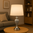 Malham Grey Ceramic Table Lamp with Ivory Pleated Shade - Modern Grey & Silver