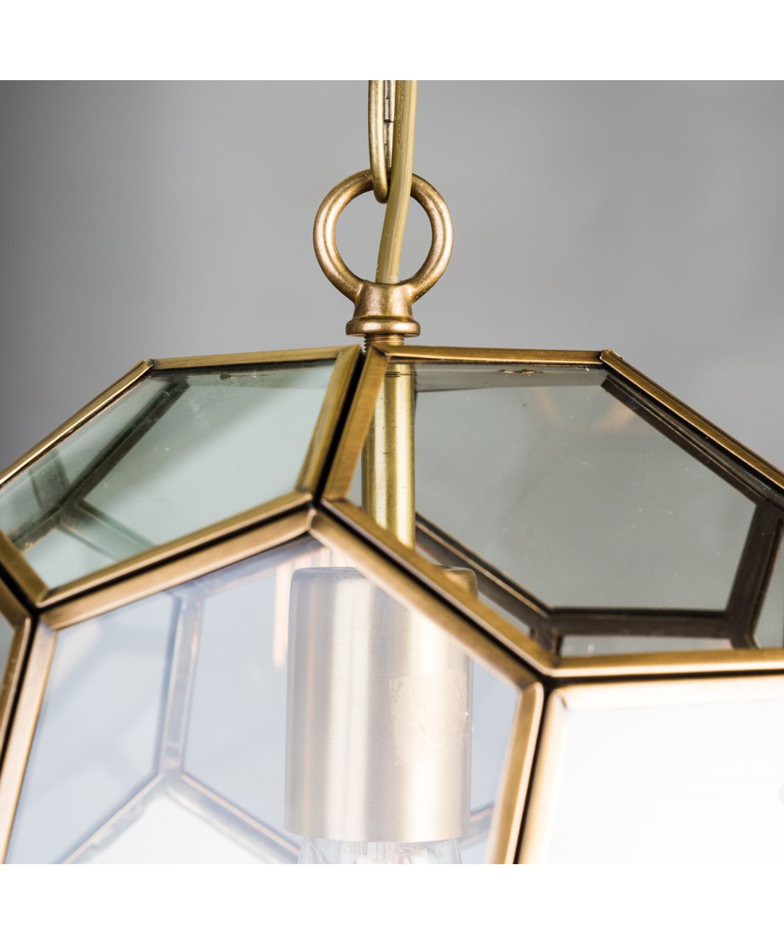 Neptune Chain Pendant Ceiling Light Antique Brass & Clear Hexagonal Glass