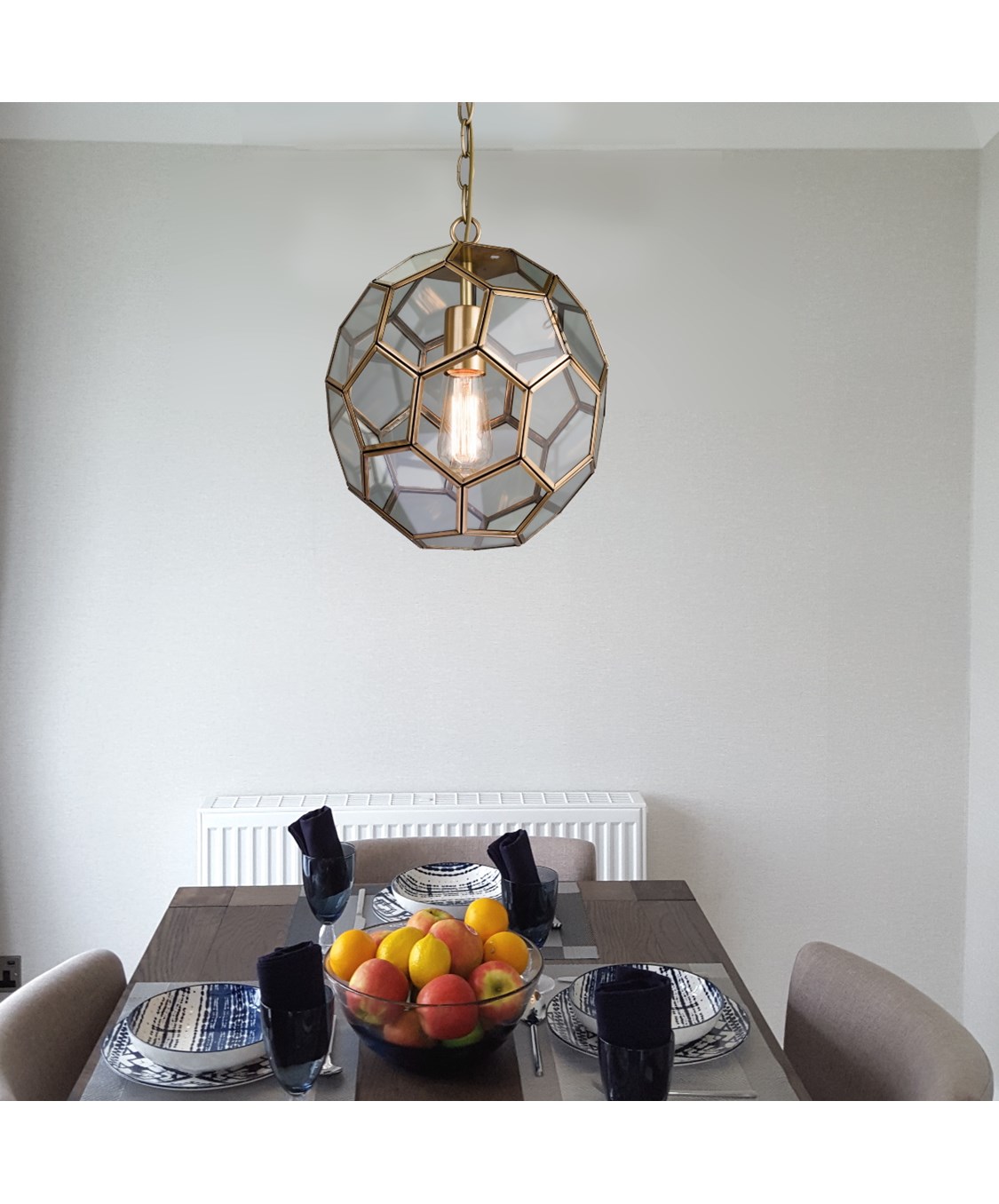 Neptune Chain Pendant Ceiling Light Antique Brass & Clear Hexagonal Glass