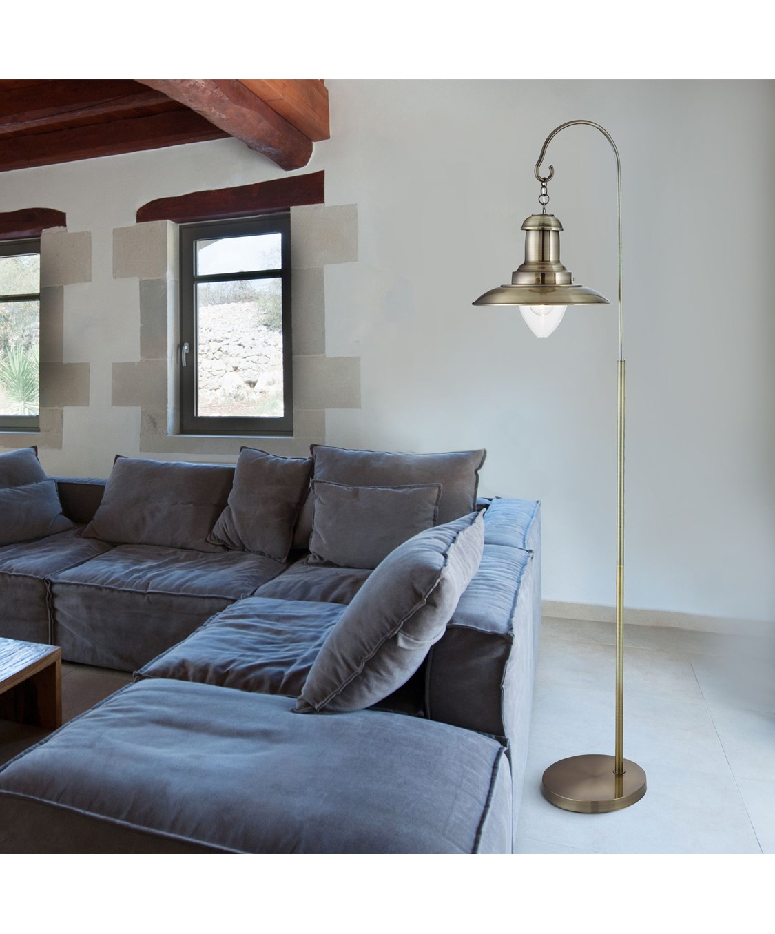 Searchlight Hanging Fisherman Lantern Floor Lamp Antique Brass