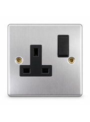 Round Edge Brushed Steel 13A 1G DP Switched Socket - Black Insert