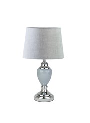 Malham Grey Ceramic & Chrome Modern Table Lamp With Hessian Drum Shade Malham Grey Ceramic & Chrome Modern Table Lamp With Hessian Drum Shade