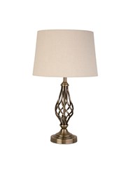 Queenswood Antique Brass Table Lamp with Natural Linen Drum Shade