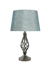Queenswood Barley Twist Table Lamp with Blue Gold Drum Shade - Pewter Queenswood Barley Twist Table Lamp with Blue Gold Drum Shade - Pewter