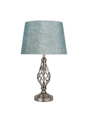 Queenswood Barley Twist Table Lamp with Blue Gold Linen Shade - Silver Chrome Queenswood Barley Twist Table Lamp with Blue Gold Linen Shade - Silver Chrome