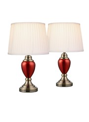Pair of Malham Small Touch Control Table Lamps Red with Ivory Pleated Shades