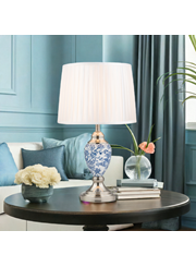 Malham Small Table Lamp with Matching Shade - Modern White, Blue, Silver Malham Small Table Lamp with Matching Shade - Modern White, Blue, Silver