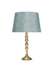 Bergen Slimline Antique Brass Candlestick Table Lamp with Blue Gold Linen Shade Bergen Slimline Antique Brass Candlestick Table Lamp with Blue Gold Linen Shade