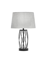 Ashleigh Black Metal Lattice Cylinder Lantern Table Lamp with Grey Linen Shade