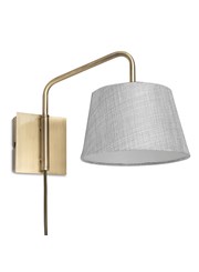 Stratton Antique Brass Swing Arm Plug In Wall Light with Grey Linen Shade Stratton Antique Brass Swing Arm Plug In Wall Light with Grey Linen Shade