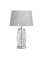 Ashleigh Silver Clear Glass Cylinder Lantern Table Lamp with Grey Linen Shade Ashleigh Silver Clear Glass Cylinder Lantern Table Lamp with Grey Linen Shade