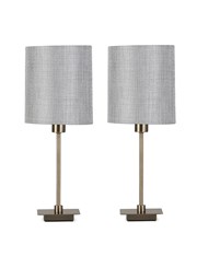 (Pair) Darwen Square Stick Antique Brass with Grey Linen Shade (Pair) Darwen Square Stick Antique Brass with Grey Linen Shade