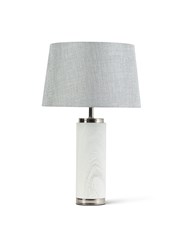 Cylinder Ash Grey Wood Print/Silver Table Lamp with Grey Linen Shade