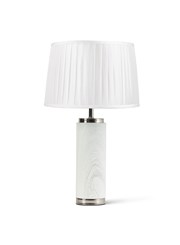 Cylinder Ash Grey Wood Print/Silver Table Lamp with Ivory Pleat Shade