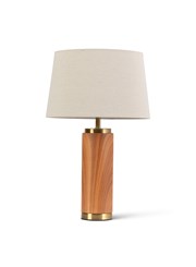 Cylinder Ash Grey Wood Print/Gold Table Lamp with Natural Linen Shade