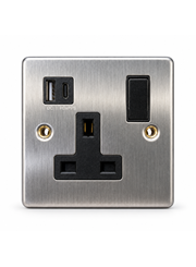 Round Edge Brushed Steel 1G Switched Socket with USB-A & USB-C