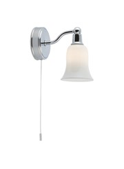 Searchlight Bathroom Wall Light - Chrome - White Glass Shade - Pull Cord