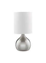 Searchlight Touch Table Lamp - Satin Silver Base - White Drum Shade Searchlight Touch Table Lamp - Satin Silver Base - White Drum Shade