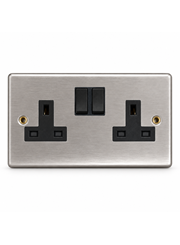 Round Edge Brushed Steel 13A 2G DP Switched Socket - Black Insert
