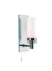 Searchlight Bathroom Wall Light - Chrome Mirrored Backplate - White Glass Searchlight Bathroom Wall Light - Chrome Mirrored Backplate - White Glass