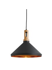 Searchlight Modern Cone Pendant Light- Black With Gold Inner - Wooden Cap Searchlight Modern Cone Pendant Light- Black With Gold Inner - Wooden Cap