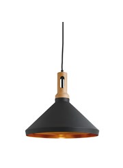 Searchlight Modern Cone Pendant Light- Black With Gold Inner - Wooden Cap