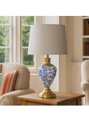 Hepburn Large Ceramic Table Lamp with White Gold Shade - Blue Print, Brass