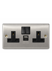 Round Edge Brushed Steel 2G Switched Socket with USB-A & USB-C