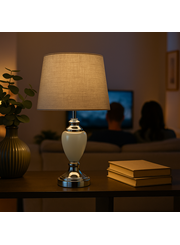 Malham Grey Ceramic & Chrome Modern Table Lamp With Hessian Drum Shade