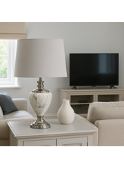 Hepburn Large Grey Marble Effect Table Lamp with Grey Shade - Grey & Silver