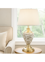 Hepburn Large Ceramic Table Lamp with Cream Gold Shade - Gold Print & Brass