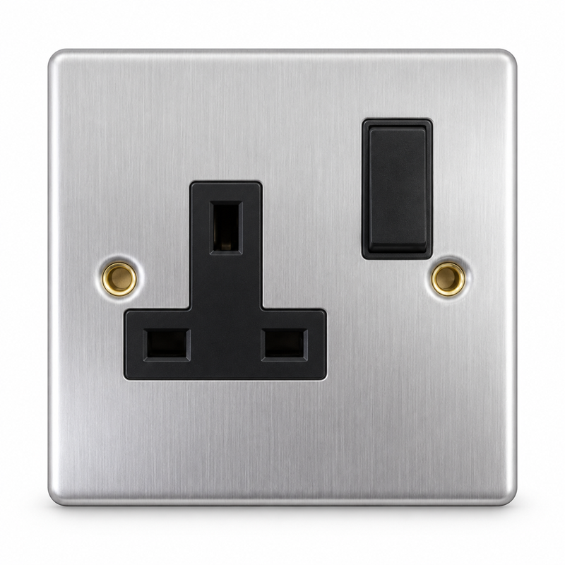 Round Edge Brushed Steel 13A 1G DP Switched Socket - Black Insert Round Edge Brushed Steel 13A 1G DP Switched Socket - Black Insert