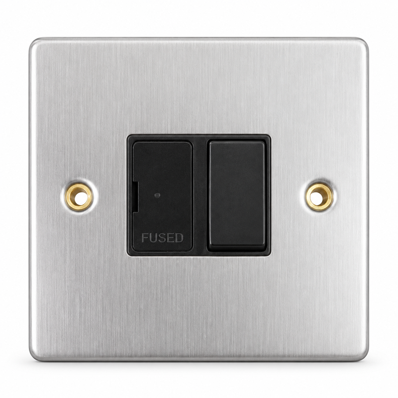 Round Edge Brushed Steel 13A Fused DP Switched Spur Unit - Black Insert Round Edge Brushed Steel 13A Fused DP Switched Spur Unit - Black Insert