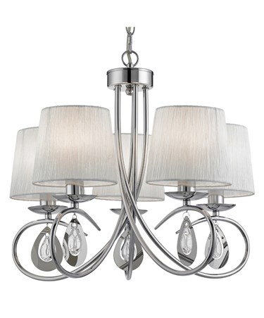 Searchlight Angelique 5 Light Pendant - Chrome - Glass Drops - Ruffled Shades