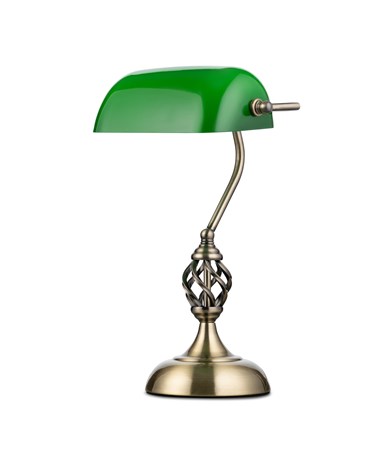 Kingswood Barley Twist Traditional Bankers Lamp - Antique Brass - Green Glass