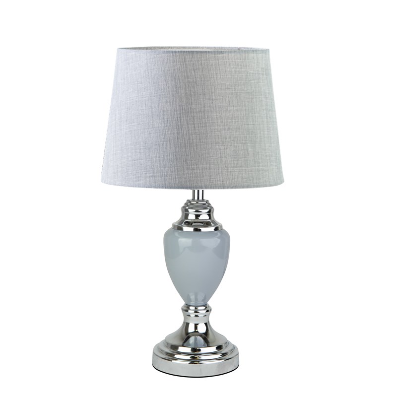 Malham Grey Ceramic & Chrome Modern Table Lamp With Hessian Drum Shade Malham Grey Ceramic & Chrome Modern Table Lamp With Hessian Drum Shade