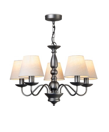 Craven Ceiling 5 Light Chandelier Pendant - Pewter Painted Finish - Linen Shades