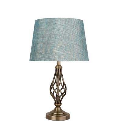 Queenswood Classic Barley Twist Table Lamp with Blue Linen Shade - Antique Brass