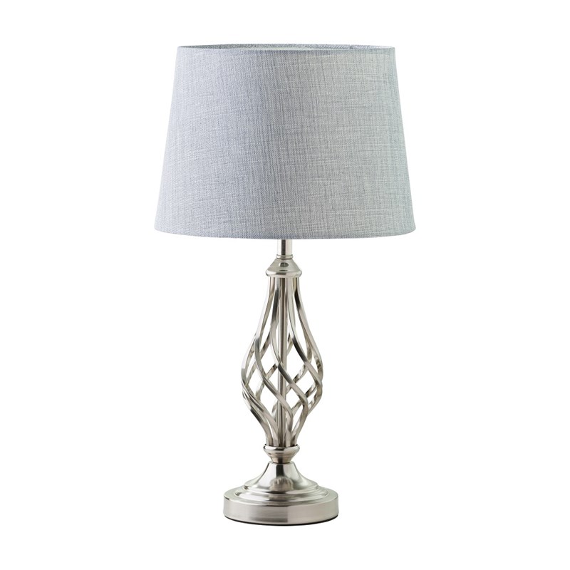 Queenswood Classic Barley Twist Table Lamp with Grey Linen Shade - Silver Chrome