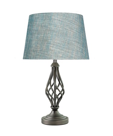 Queenswood Barley Twist Table Lamp with Blue Gold Drum Shade - Pewter