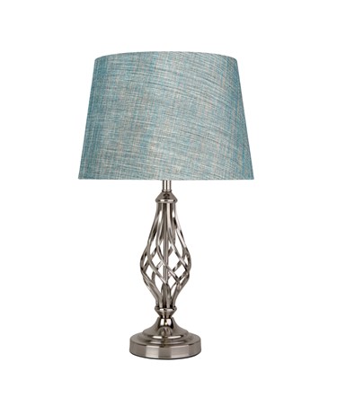 Queenswood Barley Twist Table Lamp with Blue Gold Linen Shade - Silver Chrome